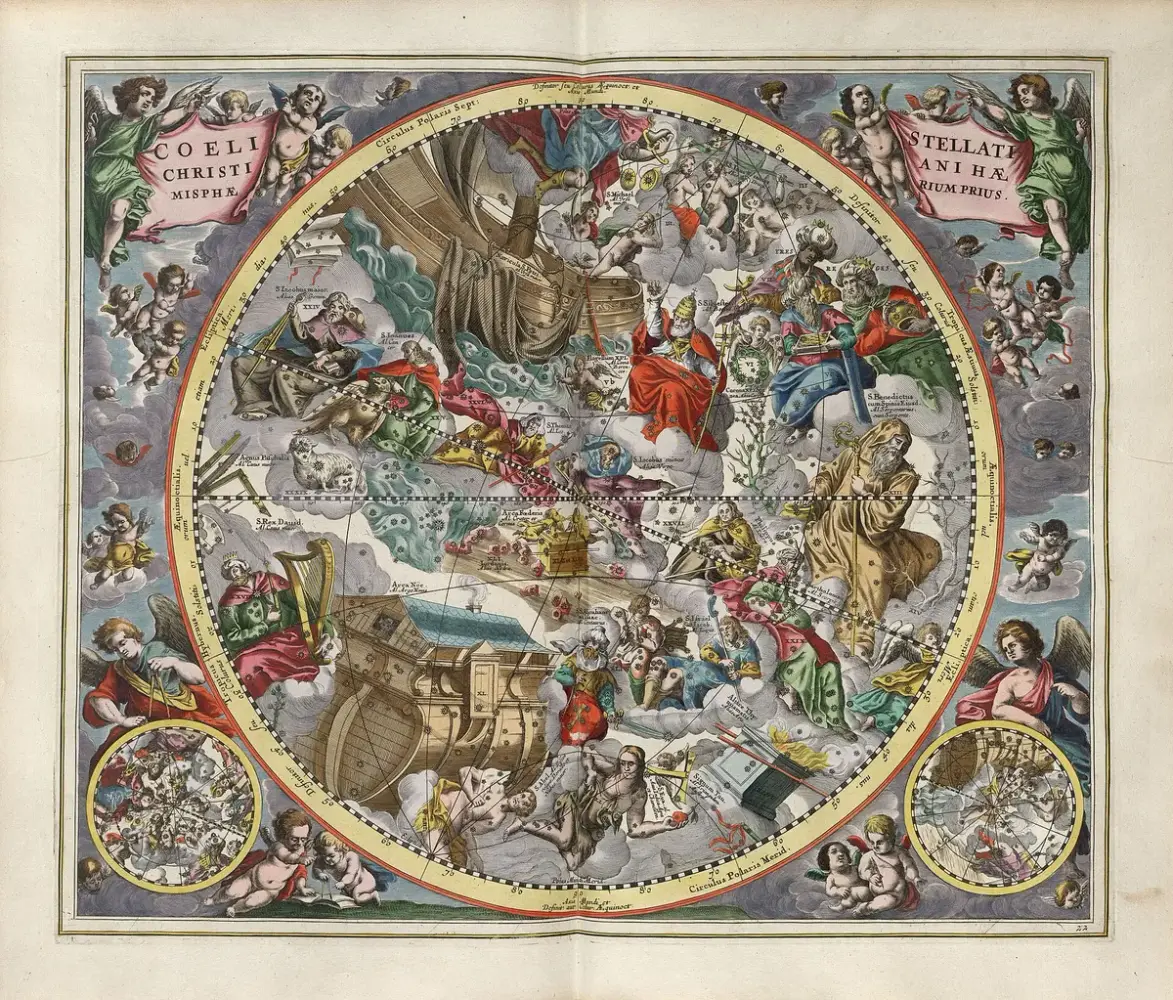 Sao Thổ và lá Thế Giới trong Tarot: Bầu trời sao với hình tượng Kitô giáo, Harmonia Macrocosmica (Cellarius, 1660)