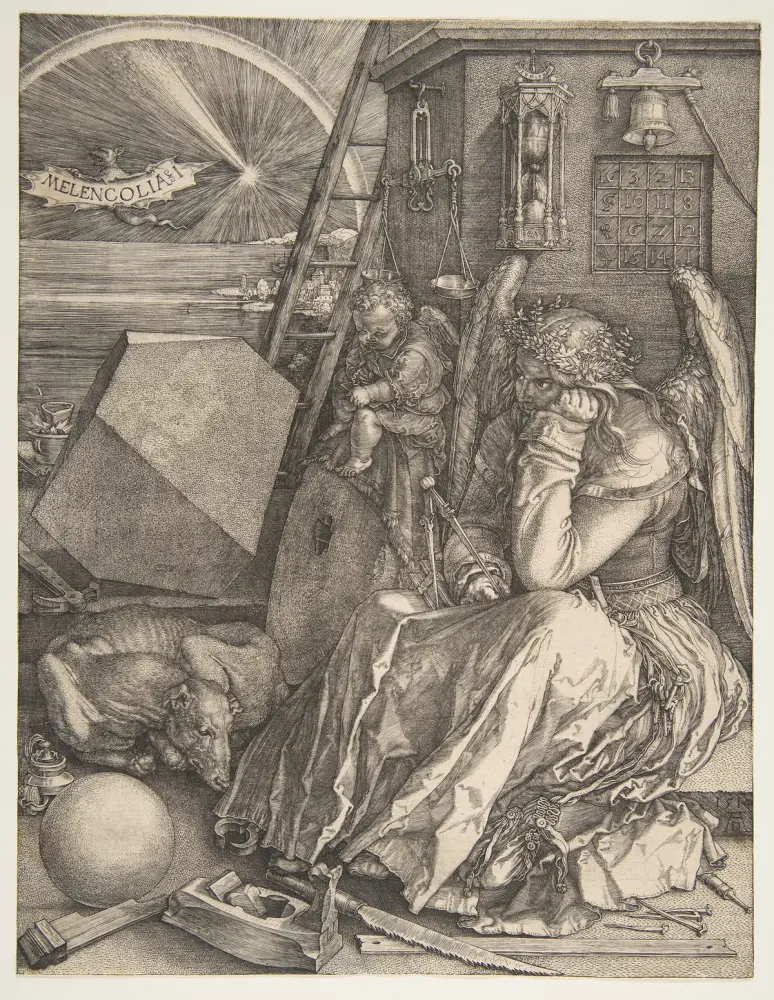 Sao Thiên Vương và lá Chàng Khờ trong Tarot: Bản khắc Melencolia I của Albrecht Dürer (1514), góc trên có ma phương 4x4 tổng mỗi hàng bằng 34