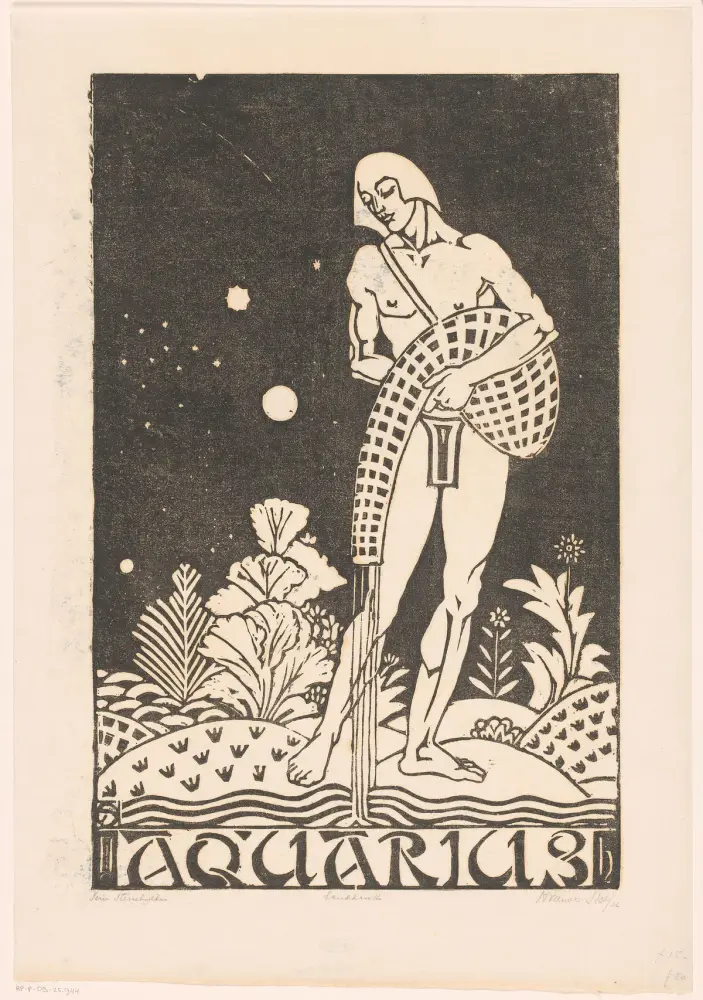 Lá bài Tarot của cung Bảo Bình: Ngôi Sao: Hình tượng cung Bảo Bình trong một bản khắc cổ (Rijksmuseum Amsterdam)