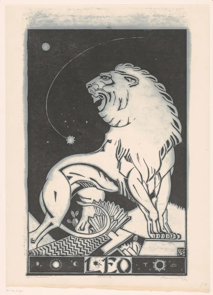 Lá bài Tarot của cung Sư Tử: Sức Mạnh: Hình tượng cung Sư Tử trong một bản khắc cổ (Rijksmuseum Amsterdam)