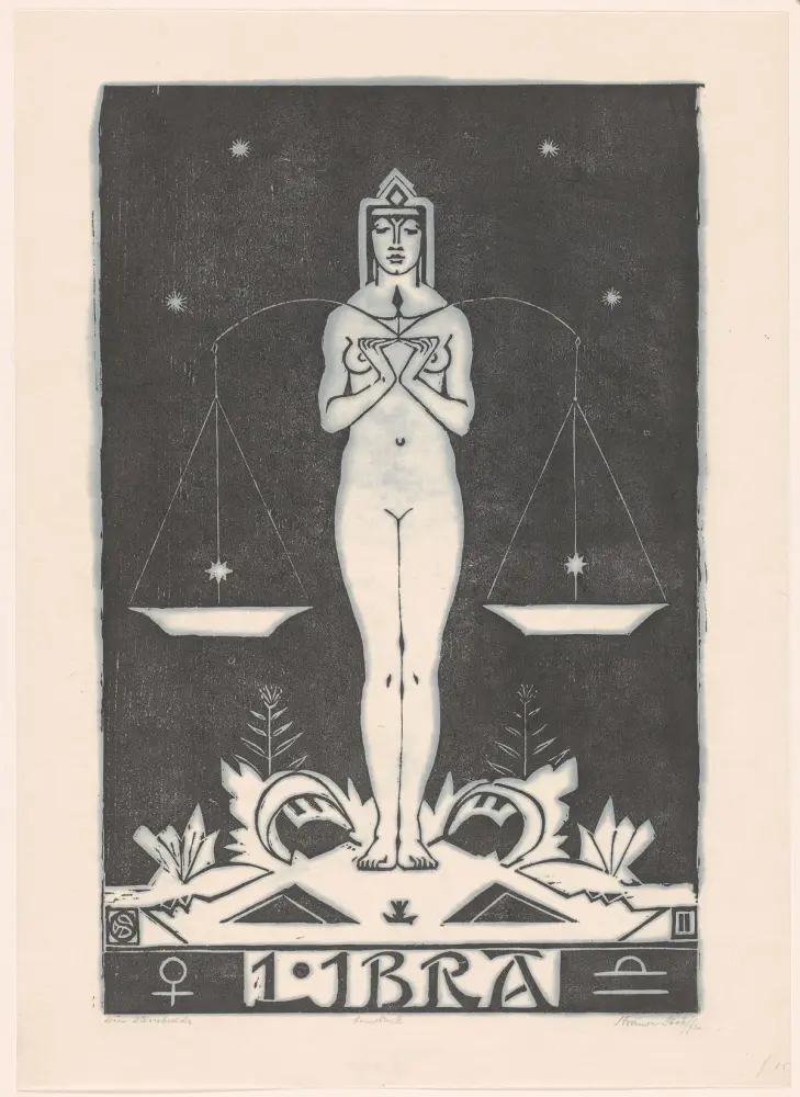 Lá bài Tarot của cung Thiên Bình: Công Lý: Hình tượng cung Thiên Bình trong một bản khắc cổ (Rijksmuseum Amsterdam)