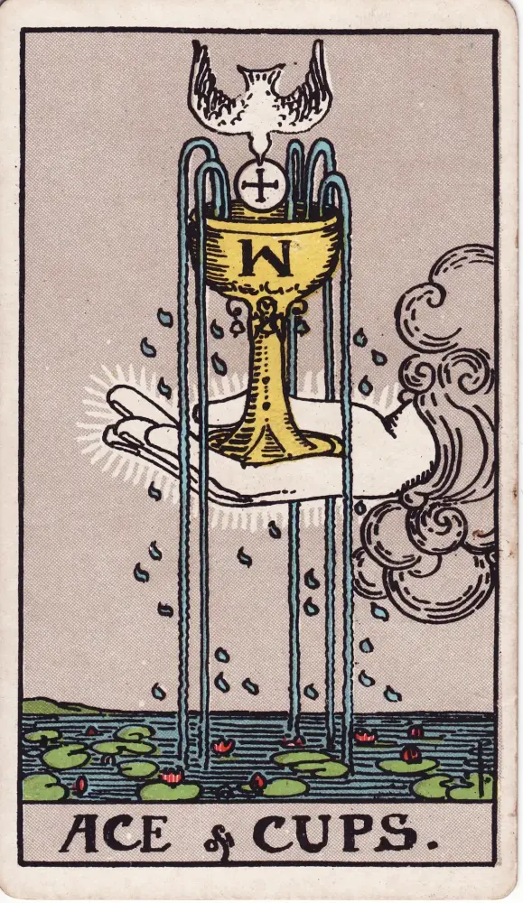 Lá Át Cốc trong công việc và tài chính: Lá Át Cốc (Ace of Cups) trong bộ Tarot Rider-Waite-Smith, bản in 1909