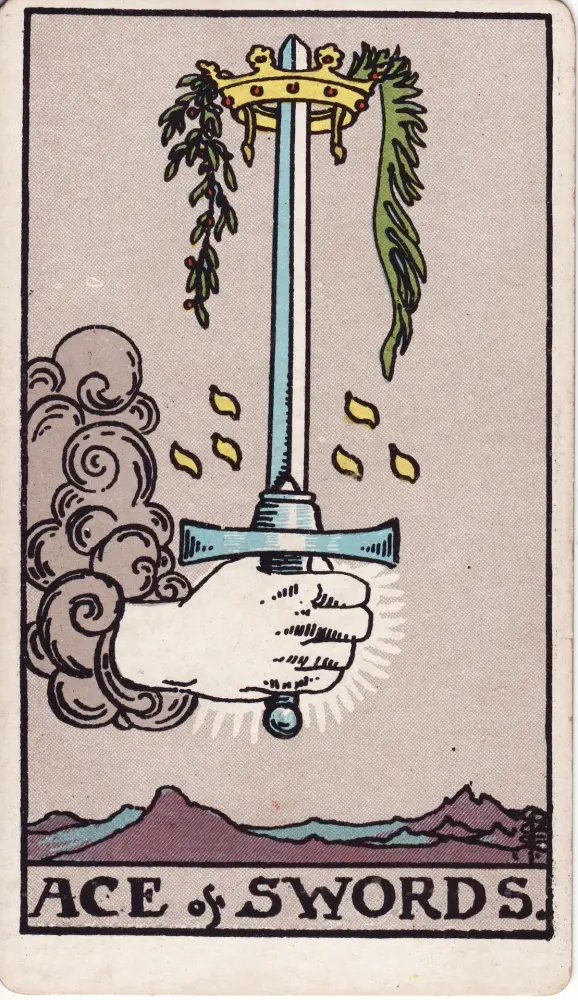 Lá Át Kiếm nói gì về cảm xúc của người ấy: Lá Át Kiếm (Ace of Swords) trong bộ Tarot Rider-Waite-Smith, bản in 1909