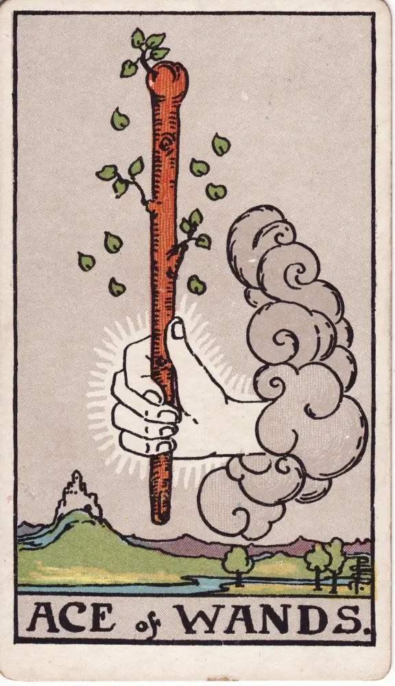 Lá Át Gậy ngược: Lá Át Gậy (Ace of Wands) trong bộ Tarot Rider-Waite-Smith, bản in 1909