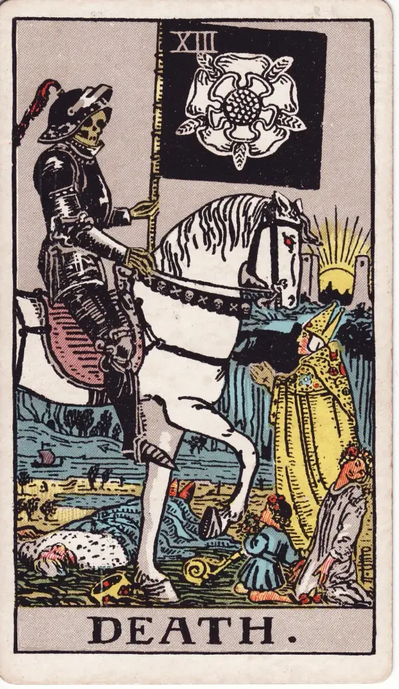 Lá Sự Chuyển Hoá trong tình yêu: Lá Sự Chuyển Hoá (Death) trong bộ Tarot Rider-Waite-Smith, bản in 1909