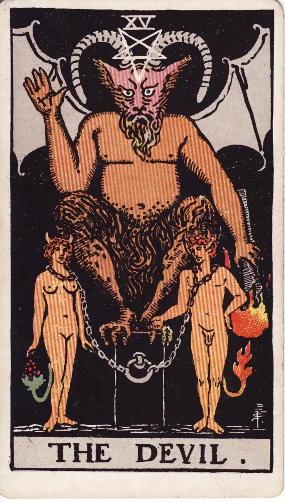 Lá Ác Quỷ ngược: Lá Ác Quỷ (The Devil) trong bộ Tarot Rider-Waite-Smith, bản in 1909