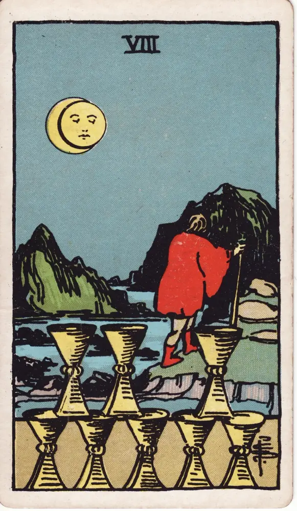 Lá Tám Cốc nói gì về cảm xúc của người ấy: Lá Tám Cốc (Eight of Cups) trong bộ Tarot Rider-Waite-Smith, bản in 1909