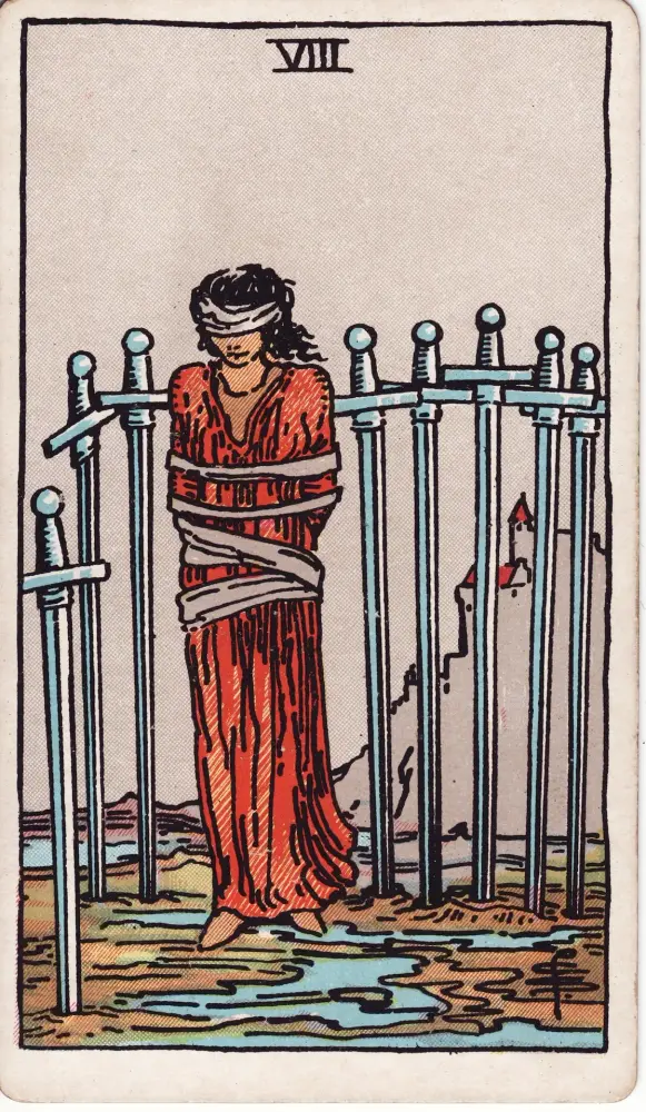 Lá Tám Kiếm ngược: Lá Tám Kiếm (Eight of Swords) trong bộ Tarot Rider-Waite-Smith, bản in 1909