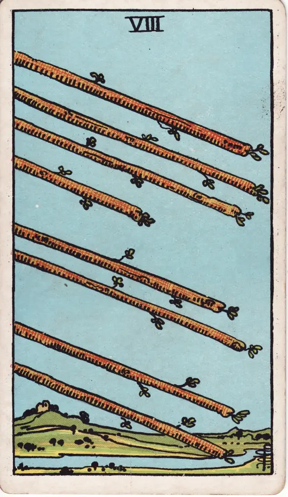 Lá Tám Gậy trong tình yêu: Lá Tám Gậy (Eight of Wands) trong bộ Tarot Rider-Waite-Smith, bản in 1909