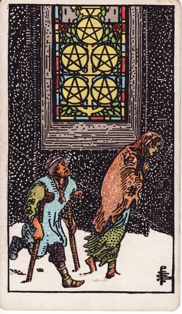 Lá Năm Tiền: có hay không và lời khuyên: Lá Năm Tiền (Five of Pentacles) trong bộ Tarot Rider-Waite-Smith, bản in 1909