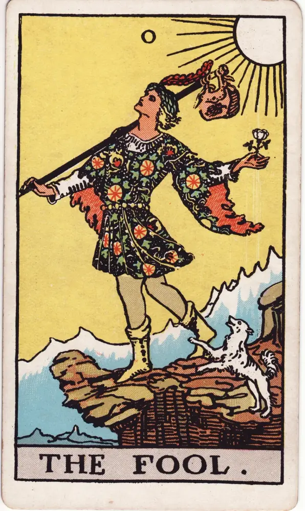 Lá Chàng Khờ trong tình yêu: Lá Chàng Khờ (The Fool) trong bộ Tarot Rider-Waite-Smith, bản in 1909