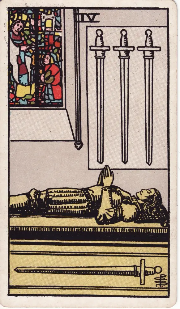 Lá Bốn Kiếm nói gì về cảm xúc của người ấy: Lá Bốn Kiếm (Four of Swords) trong bộ Tarot Rider-Waite-Smith, bản in 1909