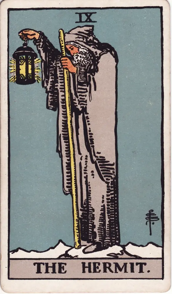 Lá Ẩn Sĩ trong tình yêu: Lá Ẩn Sĩ (The Hermit) trong bộ Tarot Rider-Waite-Smith, bản in 1909