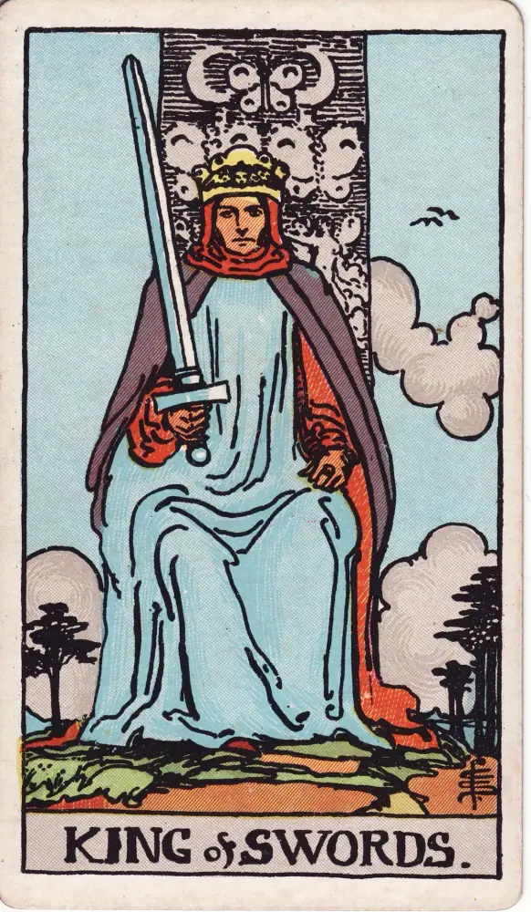 Lá Vua Kiếm ngược: Lá Vua Kiếm (King of Swords) trong bộ Tarot Rider-Waite-Smith, bản in 1909