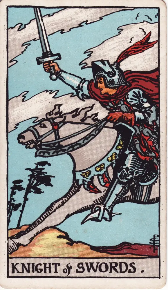 Lá Kỵ Sĩ Kiếm trong tình yêu: Lá Kỵ Sĩ Kiếm (Knight of Swords) trong bộ Tarot Rider-Waite-Smith, bản in 1909