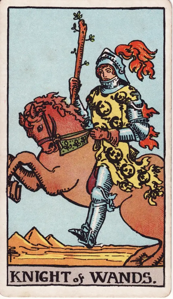 Lá Kỵ Sĩ Gậy ngược: Lá Kỵ Sĩ Gậy (Knight of Wands) trong bộ Tarot Rider-Waite-Smith, bản in 1909