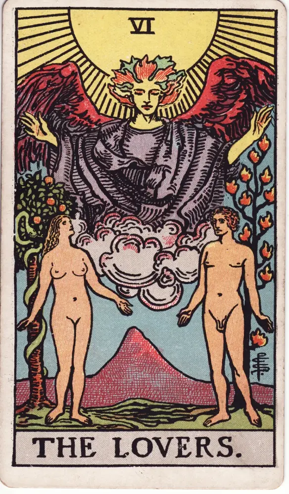 Lá Người Yêu ngược: Lá Người Yêu (The Lovers) trong bộ Tarot Rider-Waite-Smith, bản in 1909