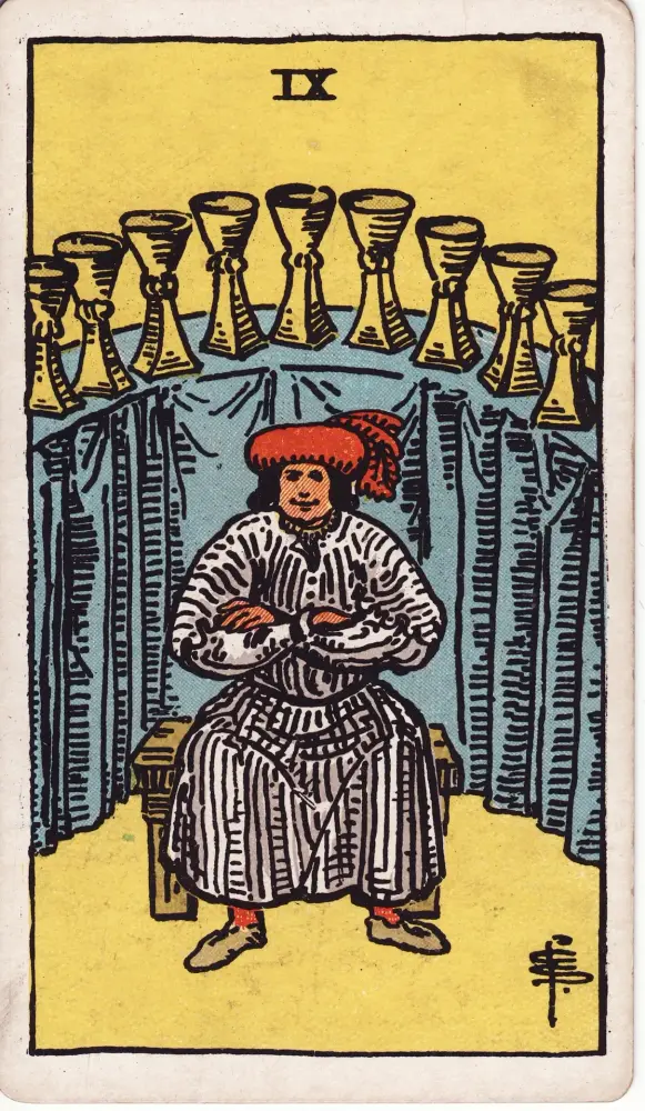 Lá Chín Cốc nói gì về cảm xúc của người ấy: Lá Chín Cốc (Nine of Cups) trong bộ Tarot Rider-Waite-Smith, bản in 1909
