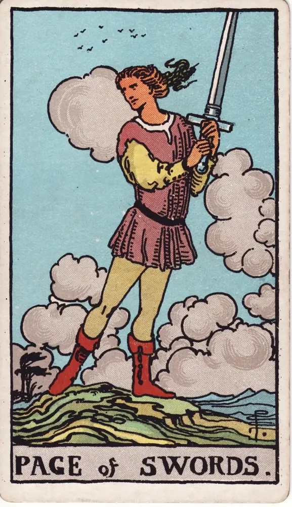 Lá Hầu Cận Kiếm nói gì về cảm xúc của người ấy: Lá Hầu Cận Kiếm (Page of Swords) trong bộ Tarot Rider-Waite-Smith, bản in 1909