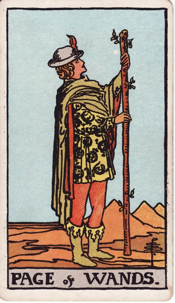 Lá Hầu Cận Gậy trong tình yêu: Lá Hầu Cận Gậy (Page of Wands) trong bộ Tarot Rider-Waite-Smith, bản in 1909