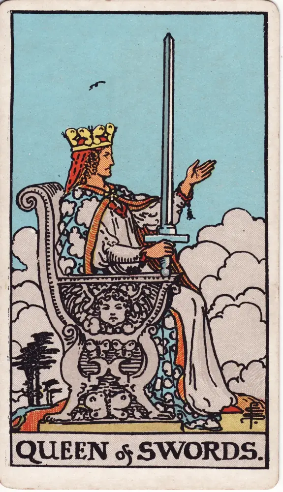 Lá Hoàng Hậu Kiếm ngược: Lá Hoàng Hậu Kiếm (Queen of Swords) trong bộ Tarot Rider-Waite-Smith, bản in 1909