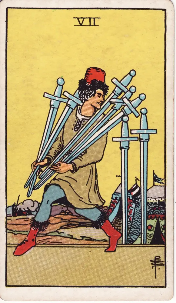 Lá Bảy Kiếm trong tình yêu: Lá Bảy Kiếm (Seven of Swords) trong bộ Tarot Rider-Waite-Smith, bản in 1909