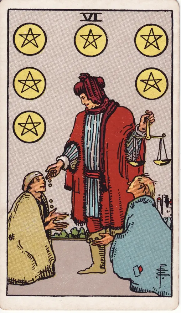 Lá Sáu Tiền trong công việc và tài chính: Lá Sáu Tiền (Six of Pentacles) trong bộ Tarot Rider-Waite-Smith, bản in 1909