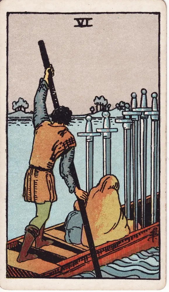 Lá Sáu Kiếm ngược: Lá Sáu Kiếm (Six of Swords) trong bộ Tarot Rider-Waite-Smith, bản in 1909