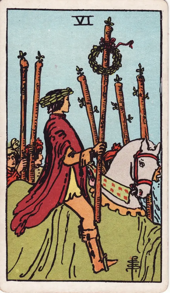 Lá Sáu Gậy ngược: Lá Sáu Gậy (Six of Wands) trong bộ Tarot Rider-Waite-Smith, bản in 1909