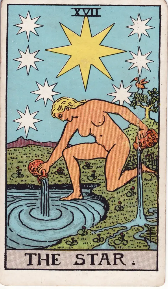 Lá Ngôi Sao ngược: Lá Ngôi Sao (The Star) trong bộ Tarot Rider-Waite-Smith, bản in 1909