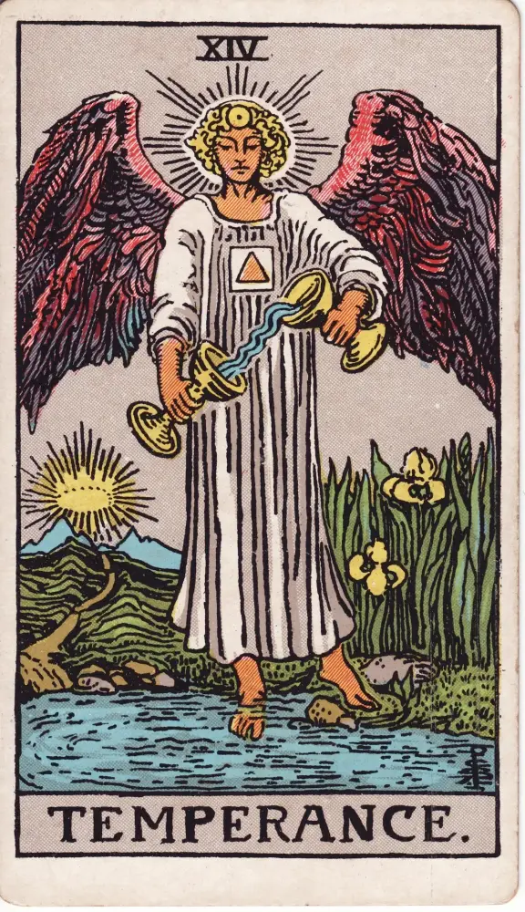 Lá Sự Tiết Chế: có hay không và lời khuyên: Lá Sự Tiết Chế (Temperance) trong bộ Tarot Rider-Waite-Smith, bản in 1909