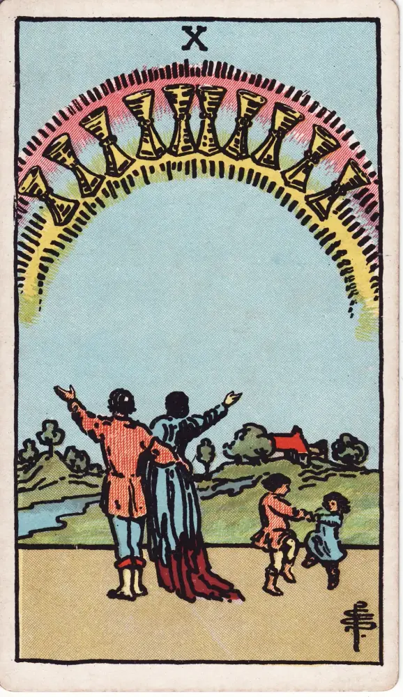 Lá Mười Cốc nói gì về cảm xúc của người ấy: Lá Mười Cốc (Ten of Cups) trong bộ Tarot Rider-Waite-Smith, bản in 1909