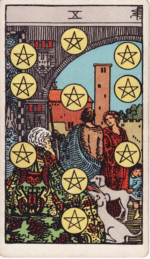 Lá Mười Tiền trong công việc và tài chính: Lá Mười Tiền (Ten of Pentacles) trong bộ Tarot Rider-Waite-Smith, bản in 1909