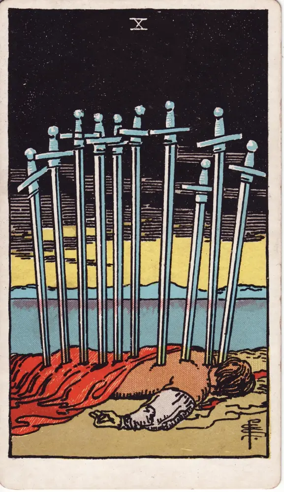 Lá Mười Kiếm nói gì về cảm xúc của người ấy: Lá Mười Kiếm (Ten of Swords) trong bộ Tarot Rider-Waite-Smith, bản in 1909