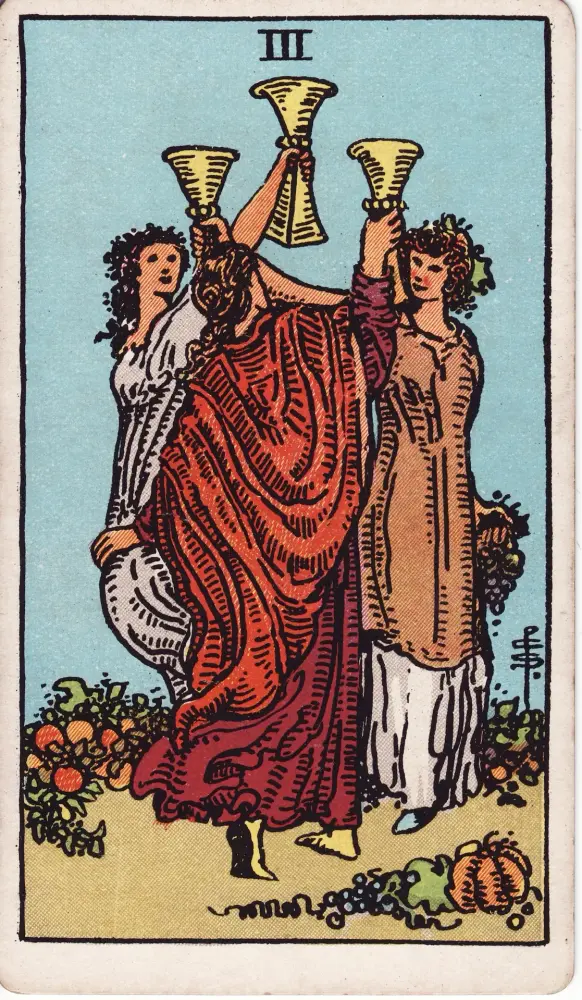 Lá Ba Cốc: có hay không và lời khuyên: Lá Ba Cốc (Three of Cups) trong bộ Tarot Rider-Waite-Smith, bản in 1909