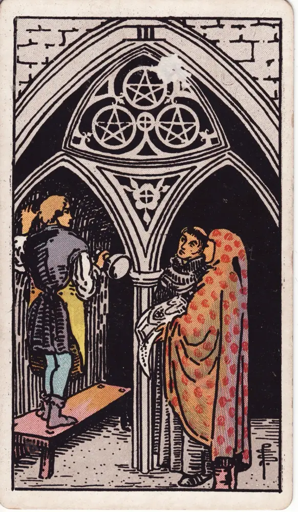 Lá Ba Tiền: có hay không và lời khuyên: Lá Ba Tiền (Three of Pentacles) trong bộ Tarot Rider-Waite-Smith, bản in 1909