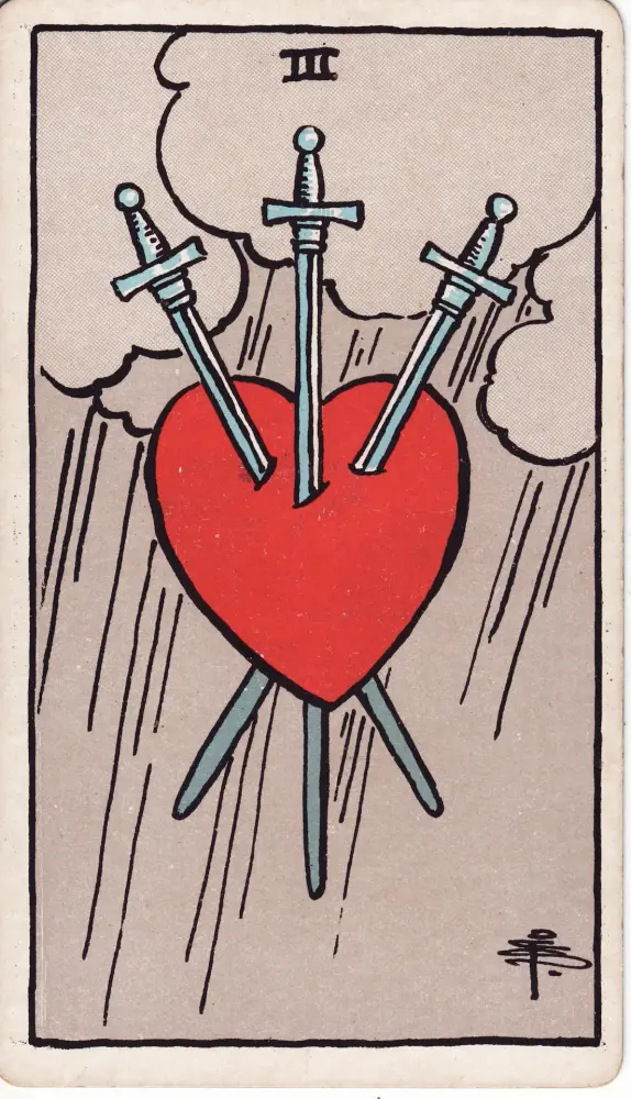 Lá Ba Kiếm nói gì về cảm xúc của người ấy: Lá Ba Kiếm (Three of Swords) trong bộ Tarot Rider-Waite-Smith, bản in 1909