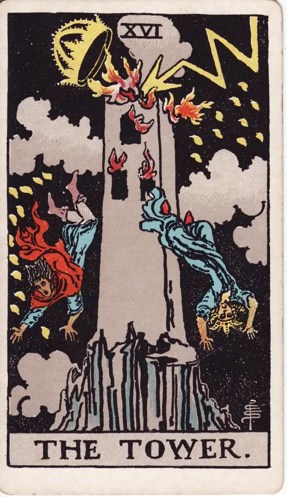 Lá Toà Tháp ngược: Lá Toà Tháp (The Tower) trong bộ Tarot Rider-Waite-Smith, bản in 1909