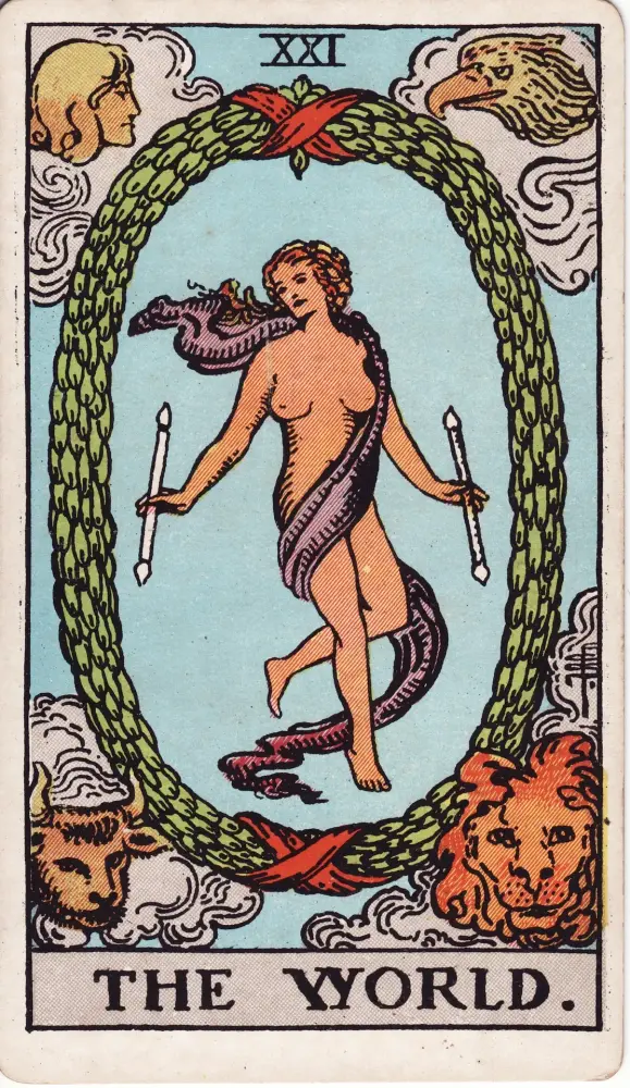 Lá Thế Giới ngược: Lá Thế Giới (The World) trong bộ Tarot Rider-Waite-Smith, bản in 1909