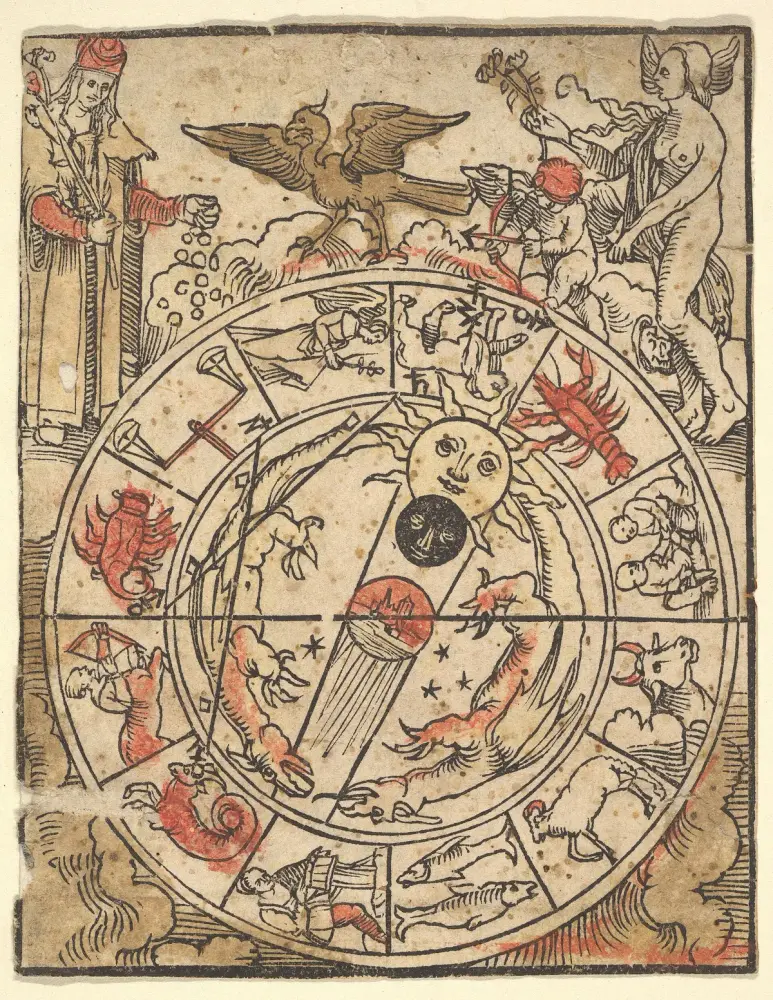 Mặt Trăng và lá Nữ Tư Tế trong Tarot: Bảng các cung hoàng đạo với thần Vệ Nữ và thần Tình yêu (Bảo tàng Metropolitan)