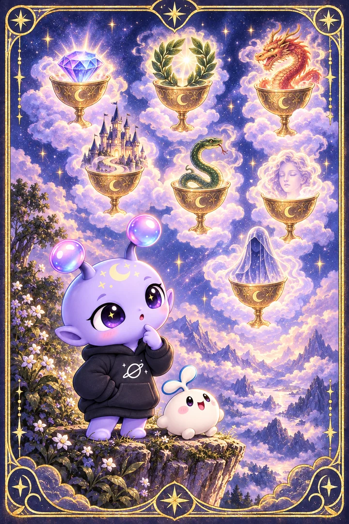 Lá Seven of Cups (Bảy Cốc) trong bộ bài Tarot