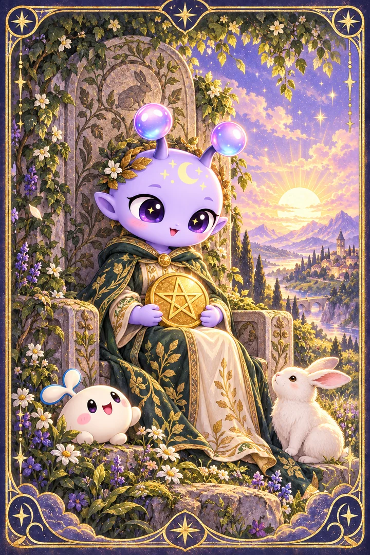 Lá Queen of Pentacles (Hoàng Hậu Tiền) trong bộ bài Tarot