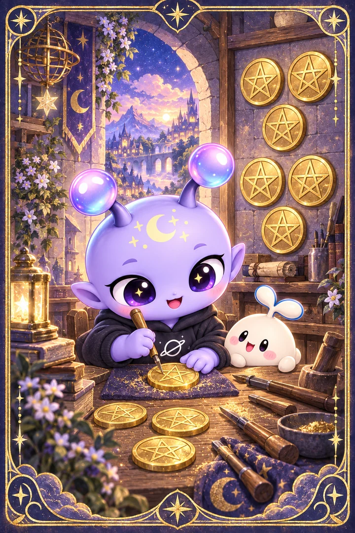 Lá Eight of Pentacles (Tám Tiền) trong bộ bài Tarot